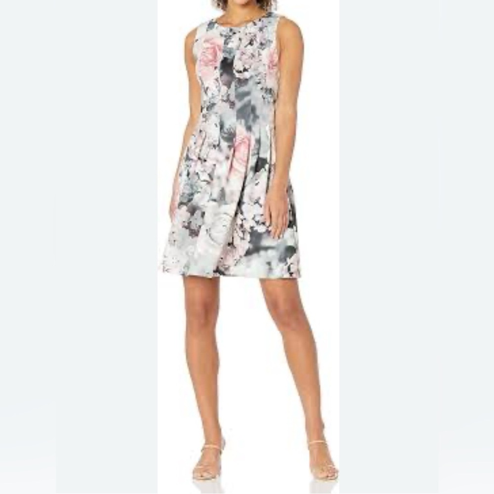 Calvin Klein Pink & Grey Rose Floral Scuba Fit & Flare Dress size 14